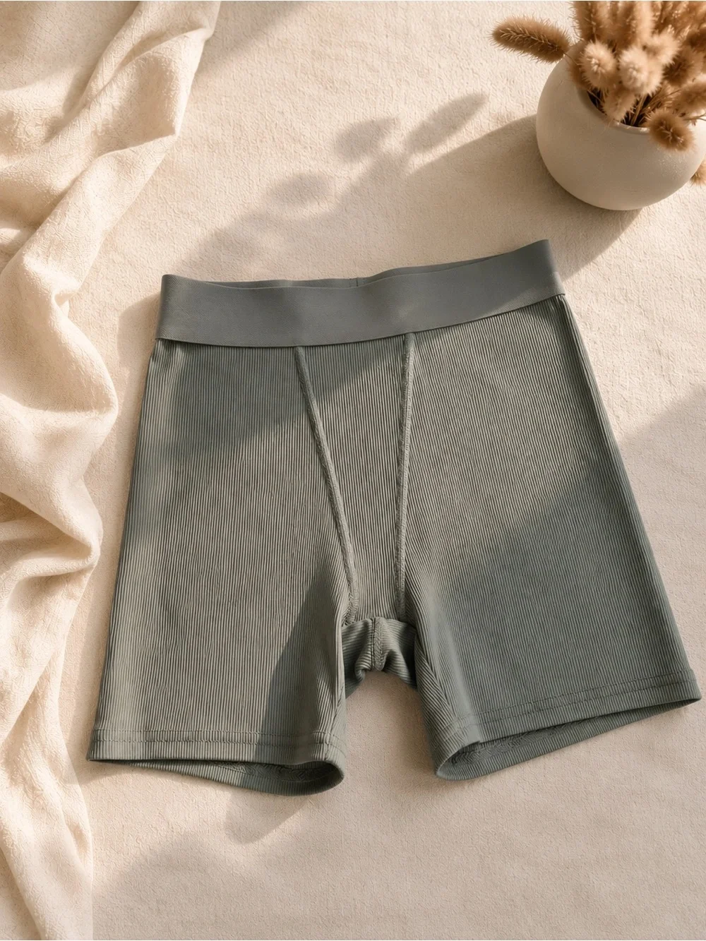 Ribbed High-Waist Seamless Boxer Shorts - Sage Green